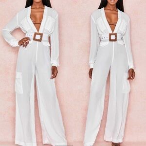 House of CB Adabelle White Georgette Long Sleeve Jumpsuit Size Medium NWT